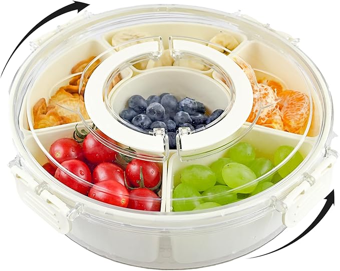 Divided Serving Tray with Lid and Handle Spinning Snackle Box Container for Candy Organizer Portable Veggie Trays for Serving for Party,Trave and Picnic Clear Lazy Susan Serving Tray (milky white)