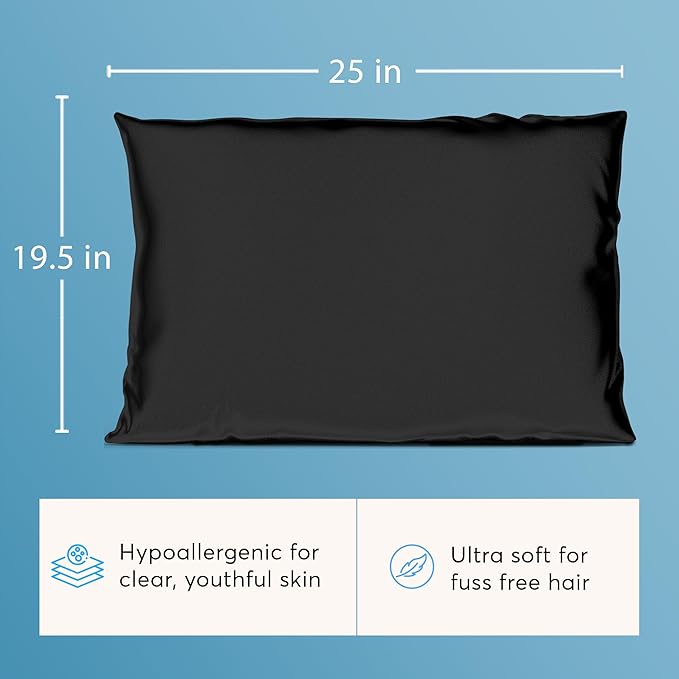 Silk Sleep Essentials Set in Black: Pillowcase and Eye Mask, 25" x 19.5" Fits Standard Queen Pillow, 22mm 6A Grade, for Gentle Sleep, Anti-Breakage, Tangles, Creases, and Wrinkles