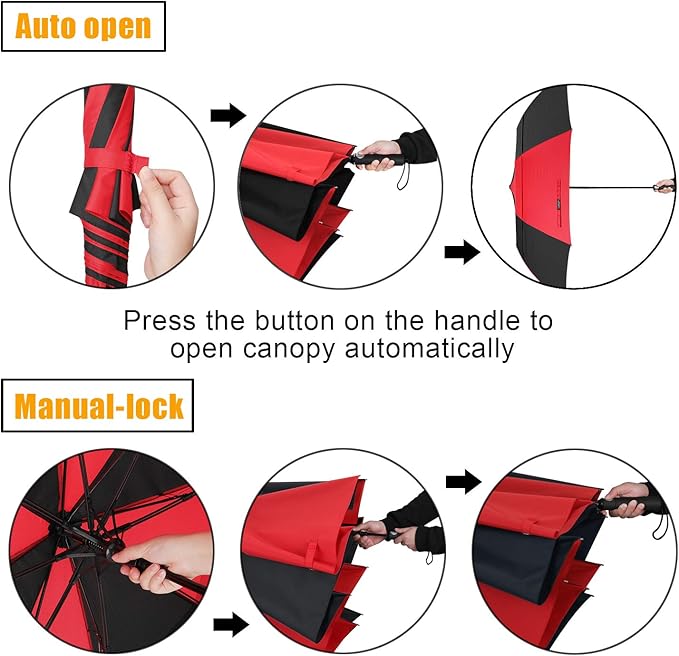 G4Free 62inch Portable Golf Umbrella Automatic Open Large Oversize Vented Double Canopy Windproof Waterproof Sport Umbrellas(Red/Black)
