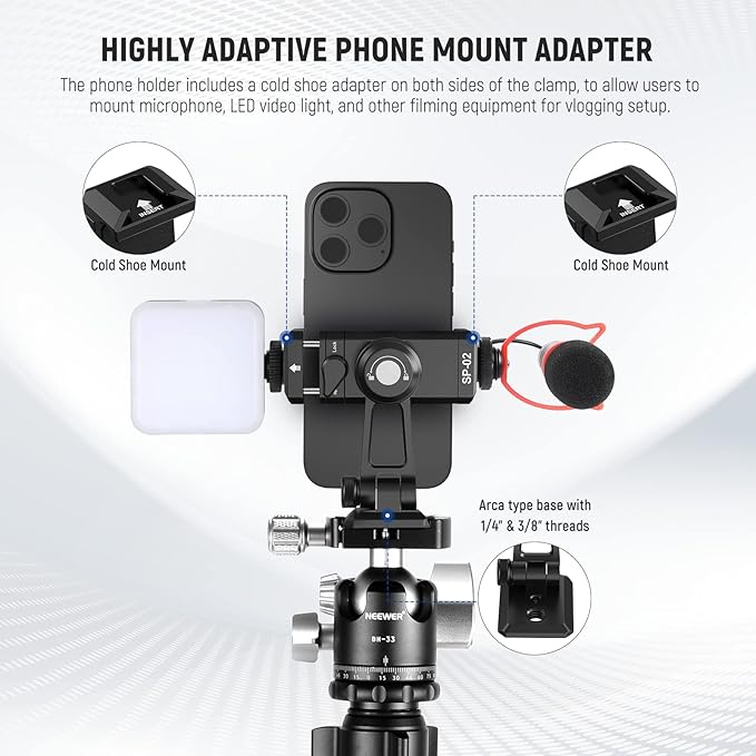 NEEWER Metal Phone Tripod Mount Adapter with Arca QR Base, Cold Shoe, 360° Swivel 180° Tilt, Phone Holder Compatible with iPhone 15 Pro Max Galaxy S24