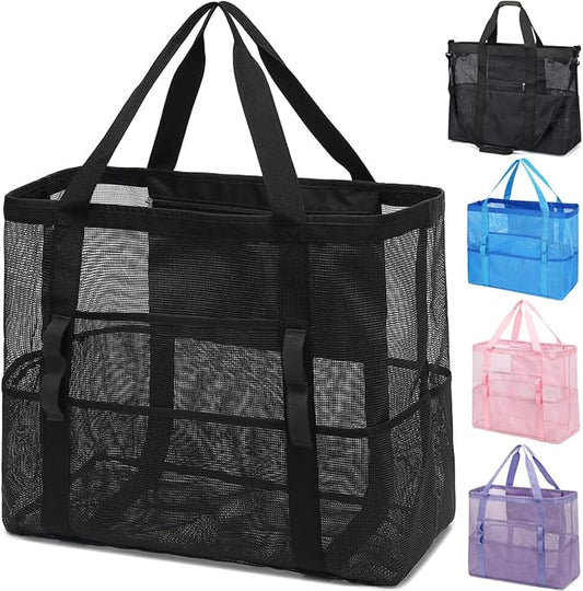 Mesh Beach Bag, Large Beach Tote with Zipper Pocket for Family Pool Bag for Toys & Vacation Essentials