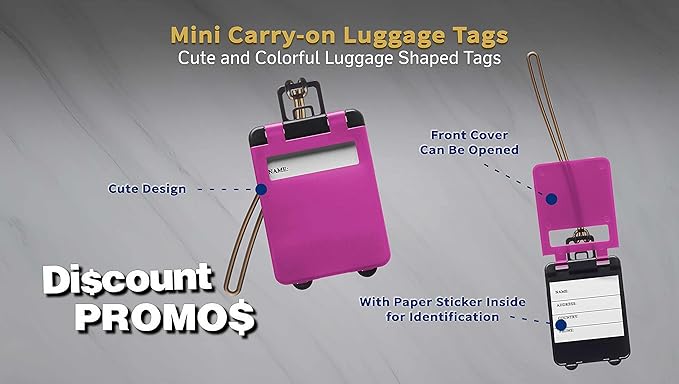 10 Mini Carry-on Luggage Tags Pack - Flip Open Cover, ID Sticker - Purple