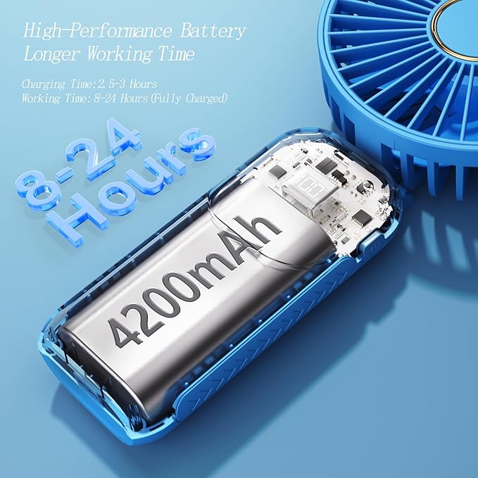 Portable Fan, 4200mAh Battery Operated Fan, 5 Speeds&Digital Display, Makeup Fans for Women with Base, 180°Foldable 3in1 Handheld/Neck/Desk Fan for Outdoor Indoor,Ultra Quiet (sky blue)