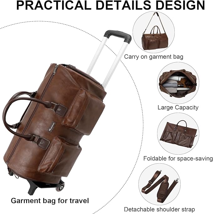 Modoker Rolling Garment Bag for Travel Wheeled Duffel Bag Luggage Suit Travel Bags for Men and Women,3 in 1 Carry on Convertible Garment Bag with Wheels,Dark Brown
