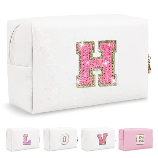Small Personalized Initial A-Z Patch Makeup Bag,White Cute PU Leather Glitter Letter Cosmetic Bag for Teen Girls,Travel Toiletry Bag with Zipper,Preppy Monogrammed Birthday Gift for Daughter Niece H