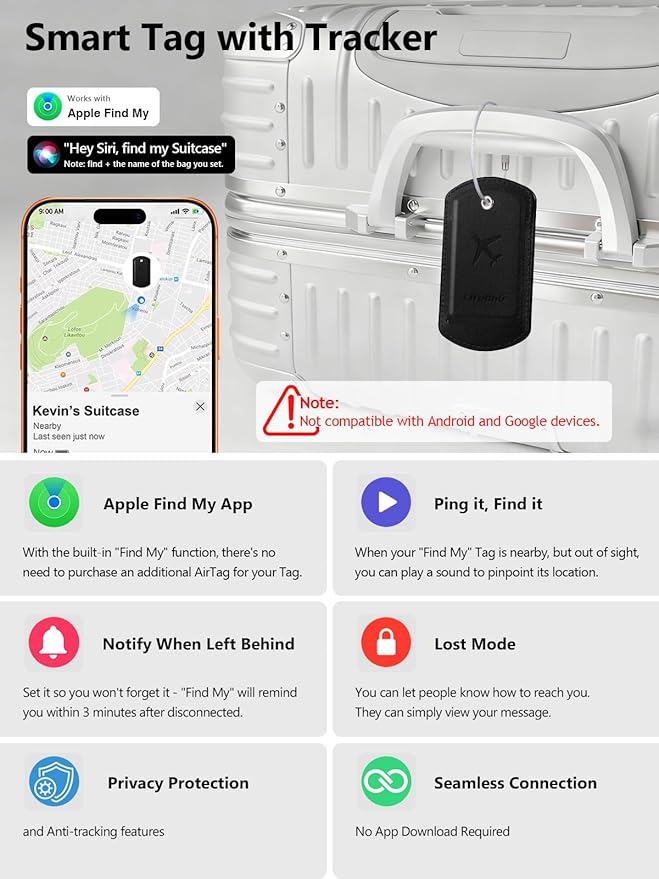 Luggage Tag with Tracker (iOS Only), Premium PU Leather Luggage Tags for Suitcase, Privacy Cover & ID Card Slot, Stainless Loop for Travel Bags, Backpack, Pet Carrier, Ideal Gadgets (Black)