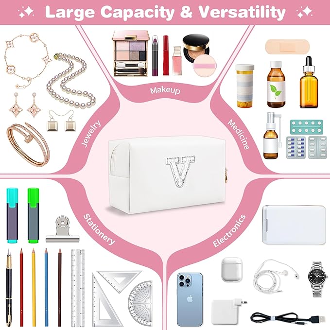 Bride Gifts – Personalized Initial Makeup Bag with Pearl Rhinestone Patch, Preppy White Monogram Cosmetic/Toiletry Pouch, bridesmaid Gifts, Bridal Shower Gifts, Wedding Gifts, Bridal Gifts,V