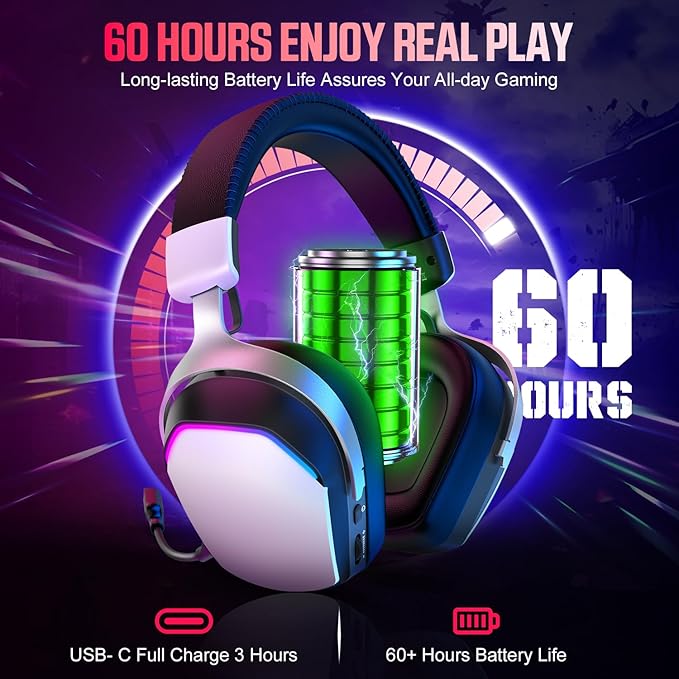 Wireless Gaming Headset for PS5 PS4 PC Mac Switch, RGB Headphones with 7.1 Surround Sound, Bluetooth 5.4, 60H Battery, Noise Canceling Mic & 50mm Drivers