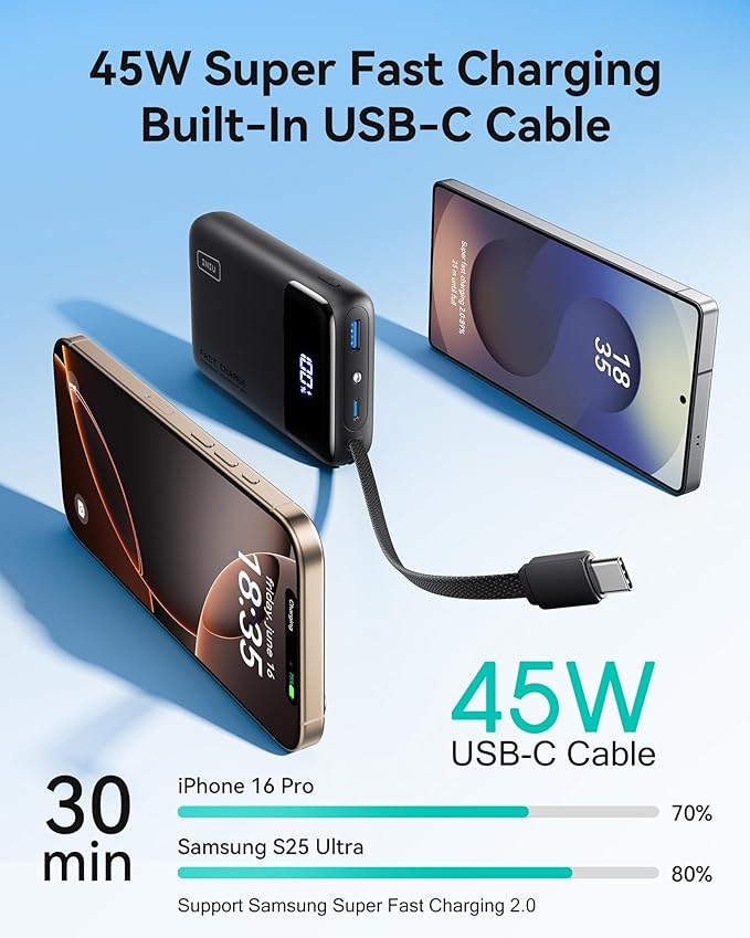 INIU 45W Portable Charger, Smallest 20000mAh Power Bank with Build in USB-C Cable, Fast Charging USB C in&Out Battery Pack, Travel Phone Charger for iPhone 17 16 15 Air Samsung S25 S24 Google, Beige