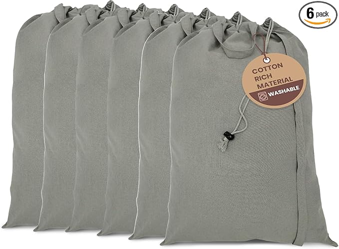 LFH Home Cotton Canvas Large Laundry Bag with Handle, Heavy Duty Drawstring Closure Washable Laundry Bags, School Travel, Home, Hotel, College Dorm, Organizer Sack, Toys Clothes 20x30 (Pack of 6)-Grey