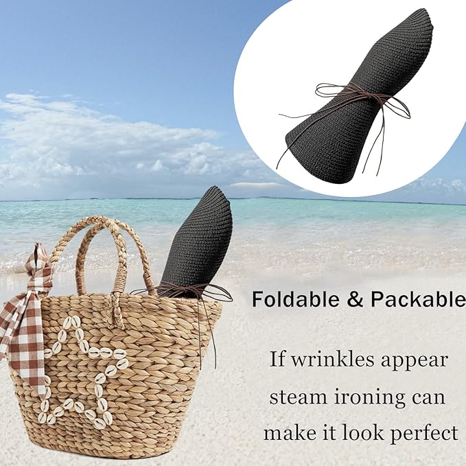 Floppy Big Beach Straw Hats for Women Foldable Summer Wide Brim Packable Sun Hat Womens Travel Straw Fedora Hat