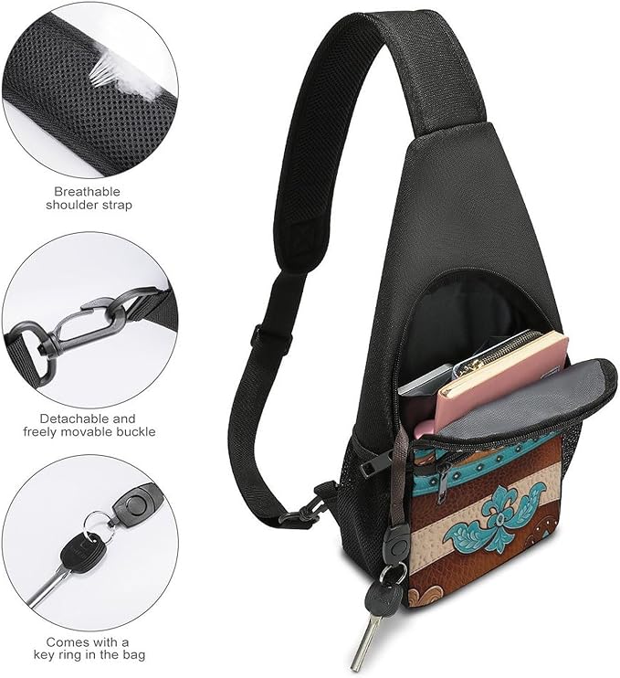 SWEET TANG Cute Sling Shoulder Backpacks Rustic Brown Teal Western Country Tooled Leather Bags Chest Sack, Anti Theft Crossbody Rucksack for Hiking Traveling Sports, Daypacks for Men Women