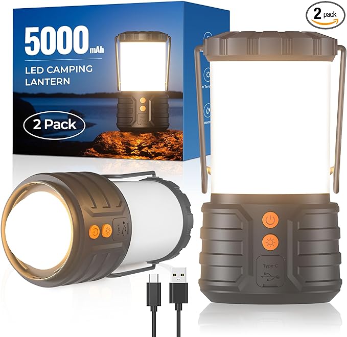 2 Pack Camping Lantern,Led Camping Lanterns,5000mAh Rechargeable Battery Emergency Lights for Power Outages,3 Colors,IPX4 Waterproof Portable Flashlight Camping Tent Light for Home or Hurricane Hiking