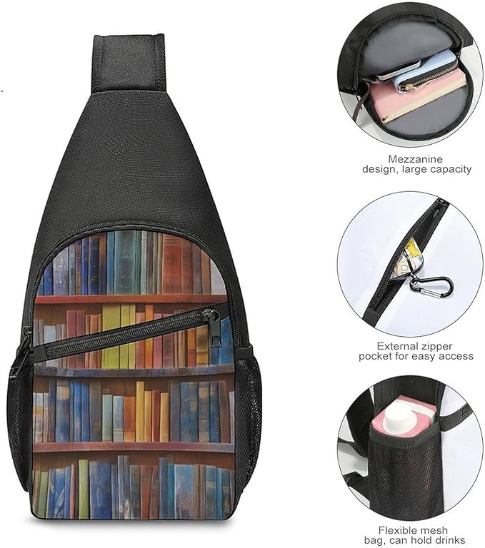 SWEET TANG Men's Crossbody Bag Anti Theft Shoulder Backpack, Funny and Chest Bags Vintage Library Bookshelf Bookcase for Fishing Cycling Hiking, Lightweight and Large Capacity
