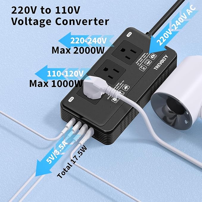 2000W Voltage Converter US to Europe for Hair Dryers, 7-in-1 220V to 110V Converter for European Travel with 3 AC/2 USBA/2 USBC Ports, Universal Power Converter Adapter Combo with EU/UK/IT/AU Plugs