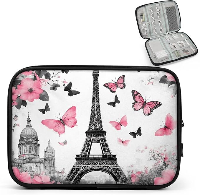 Paris Eiffel Tower Travel Cable Organizer Pouch Pink Butterfly Rose Electronics Accessories Carry Case Portable Water Resistant Storage Bag for Cord Charger Phone Earphone SD Card