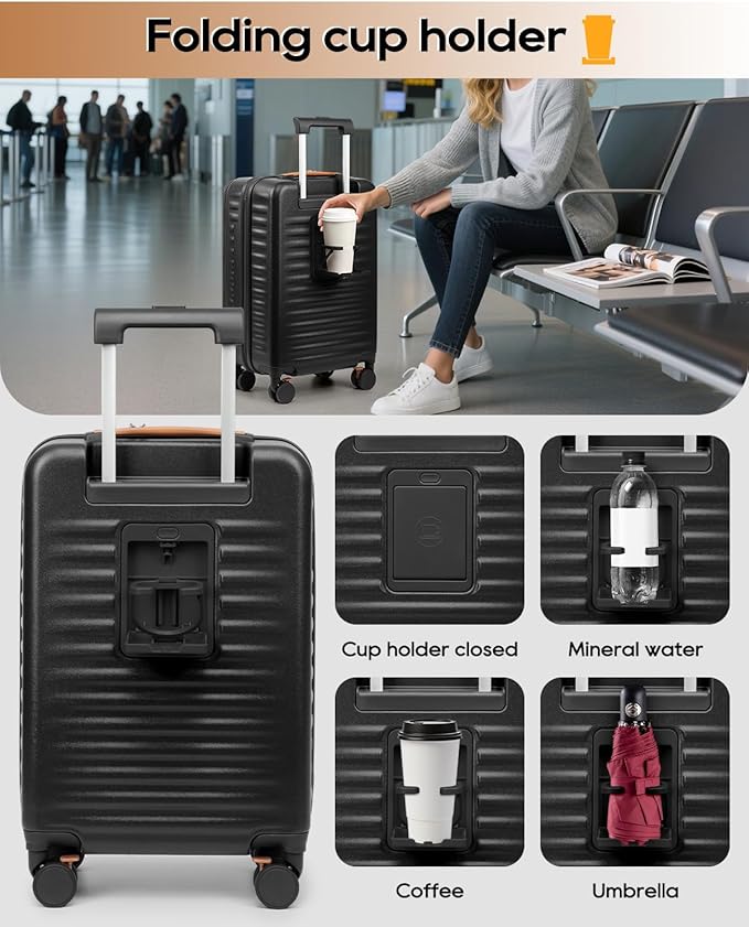 Joyway Carry on Luggage Airline Approved with Front Compartment and Cup Holder, 20 Inch Hard Shell Carry-on Suitcase with Spinner Wheels and TSA Lock for Women Men (Black, 20 Inch)