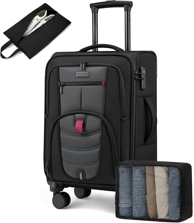 LOVEVOOK Business Softside Checked Luggage with 15.6/17.3 Inch Laptop Compartment, 24 Inch Checked Suitcase with Spinner Wheels Large Capacity Luggage with TSA Lock for Business Trip Travel Grey&Black