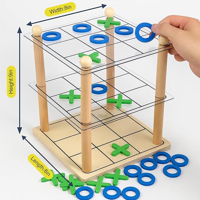 3D Ultimate Wooden Tic Tac Toe Board Game – Classic XO Strategy Game for Kids & Adults, Fun Family Table Games Night, Durable Wooden Tabletop Game