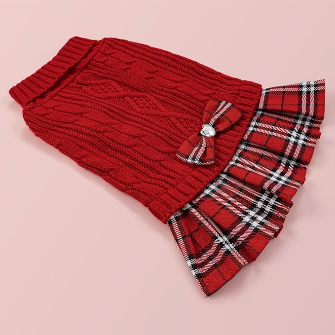 YUDODO Small Dog Sweater Dress with Bowtie Turtleneck - Knitted Pet Girl Dog Winter Clothes - Pet Warm Sweater for Puppy Yorkies, Chihuahua (M Red)