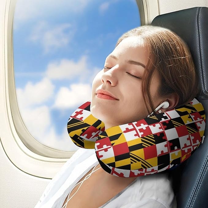 Men’s Comfort U-Shaped Neck Pillow Memory Foam Travel, Maryland State Flag U-Shape, Breathable Car Airplane Support