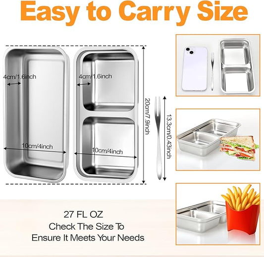 vovoyager Stainless Steel Snack Containers with Lids, Reusable Bento Lunch Container Box, Food Storage, Leak Proof, Dishwasher-Safe, Grab and Go for Work, 1 Single + 1 Double Compartment
