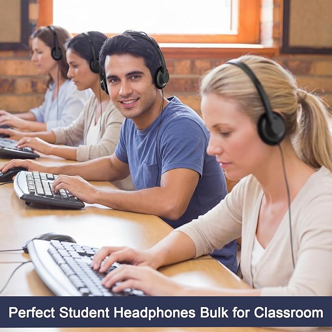 Yunsailing 20 Pack Bulk Headphones Set Over Ear Headphones with Adjustable Headband 3.5mm Plug Headsets Earphones for Learning Program, Computer Lab, Library, Testing & Multimedia Use (Black)