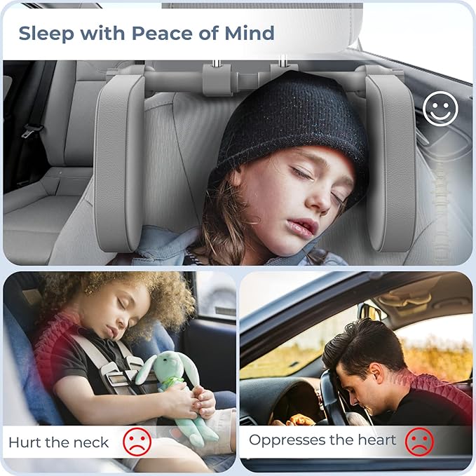 Yoocaa Car Headrest Pillow, Road Pal Headrest, Adjustable Car Seat Head Neck Support, U Shaped Car Sleeping Pillow for Kids & Adults (Grey)