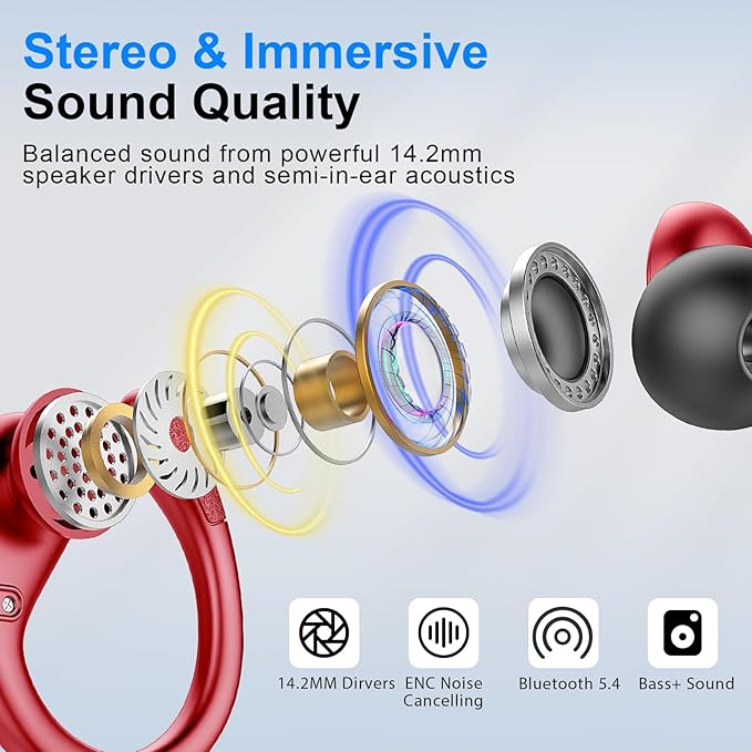 Wireless Earbuds Sport, Bluetooth 5.4 Headphones 2026 Bluetooth Earbuds with 75Hrs Stereo, 4 ENC Mic, Over-Ear Buds with Earhooks Noise Canceling Earphones , IP7 Waterproof Headset for Workout/Running