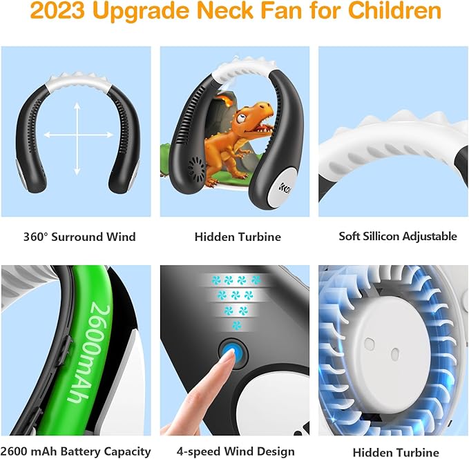 Kids Neck Fan, Portable Bladeless Fans for Kid 4-14Y Girls & Boys, 2600mAh USB Personal Mini Cooling Fan for Travel/Camping/Study, 4 Speeds, Lightweight, Compact, Perfect Summer Gifts for Kids