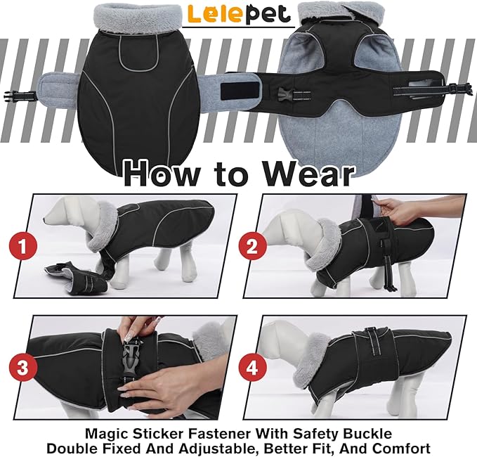 Lelepet Warm Dog Coat Reflective Dog Fleece Vest Waterproof Jacket Windproof Winter Cold Weather Coats with Adjustable Buckle Jackets for Large Dogs, Black, L