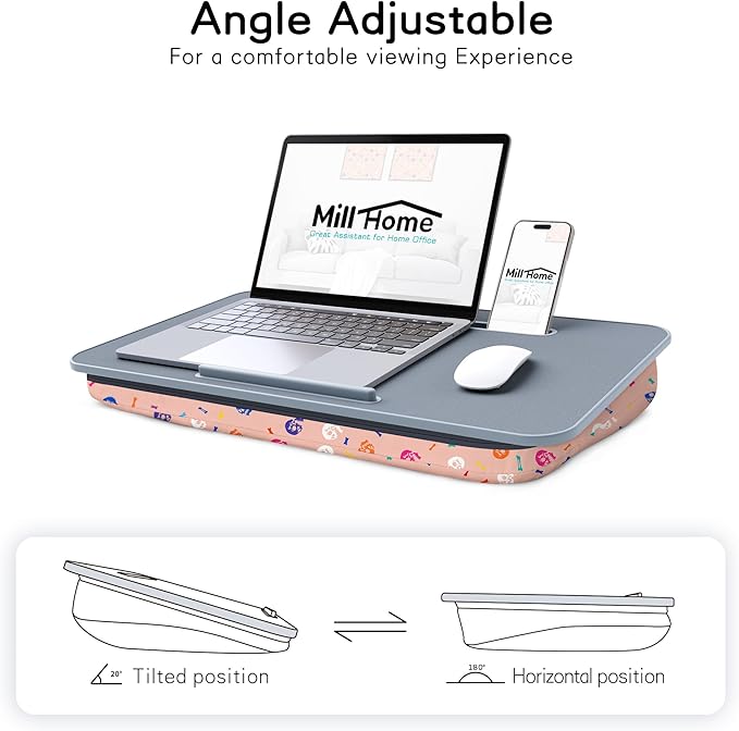 Lap Desk | Portable Laptop Desk – Fits Up to 17.3" Laptops – Detachable & Washable Cushion, Phone Holder, Device Ledge – for Writing, Working, Reading on Bed, Couch, Sofa, Floor – Millhome -Peach Pink