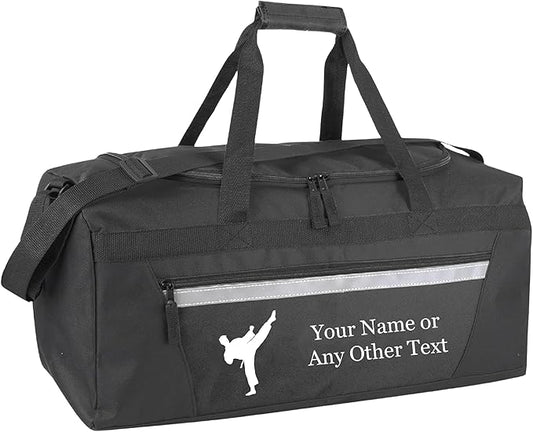 Personalized Sports Duffel Bags for Men and Women - 22” Customized Travel Duffle with Name & Martial Arts Design - Water Resistant Two-Toned Overnight Weekender Bag - Black