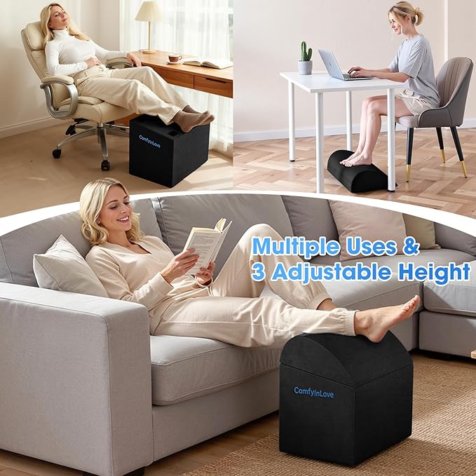 Foot Rest for Under Desk at Work - Non-Slip Foot Stool with 3 Adjustable Heights, Ergonomic Under Desk Footrest with Washable Cover for Desk, Home, Office, Car (Black)