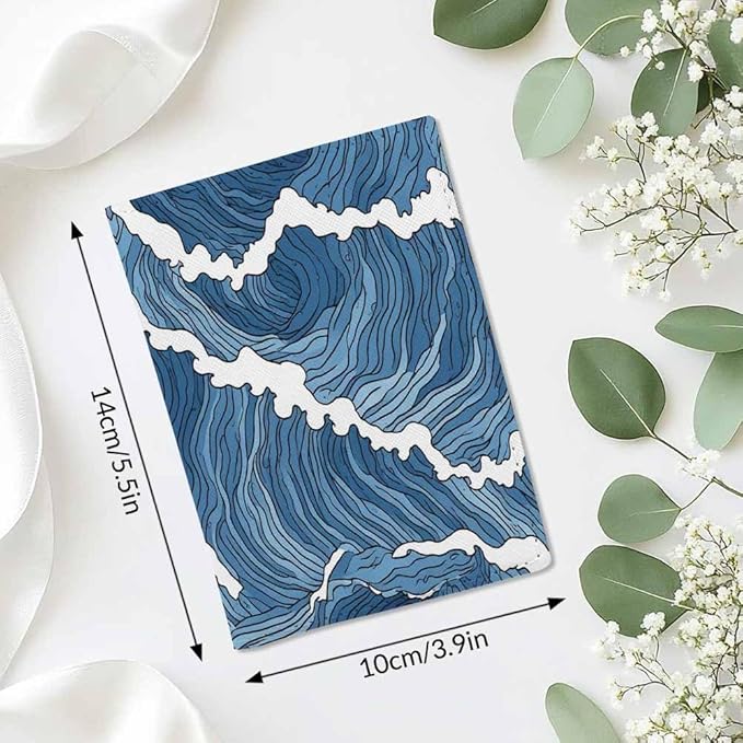 Wave Passport Holder for Travel Japanese Abstract Blue White Surf PU Leather Passport Cover Wallet Cute Passport Card Holder for Women and Men