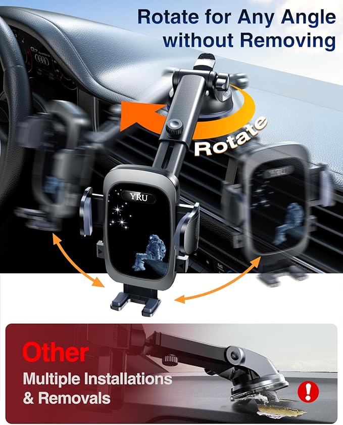 YRU True Military-Grade [360°Rotation Suction] 2025 Ultimate Car Phone Holder Mount[90+LBS Safest Strongest & Patent Certs] Dashboard Windshield Vent for iPhone 17 16 Pro Max Samsung,Blue Black
