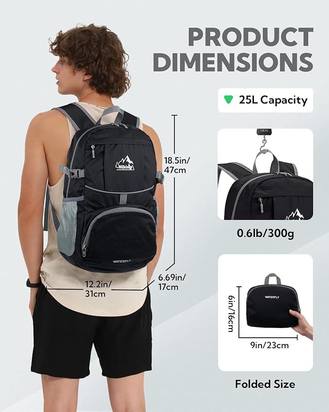 WATERFLY Hiking Packable Daypack Backpack: 25L Ultra Lightweight Day Pack for Woman Man - Small Compact Folding Back Pack for Outdoor Sport Cycling Camping Travel Trip - Black