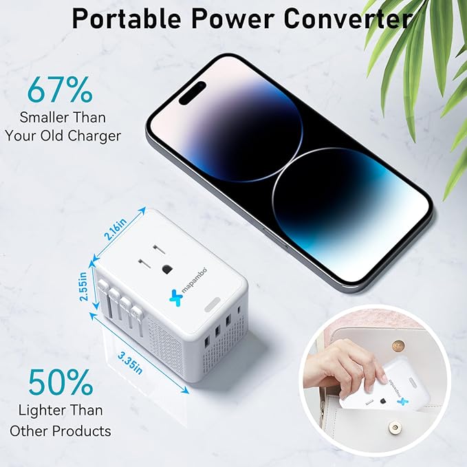 Upgraded Voltage Converter US to Europe for Hair Dryers 220V to 110V Converter with Fast Charging - Compact Travel Design with 3 USB-A + 1 USB-C Universal Travel Adapter for France Germany (White)