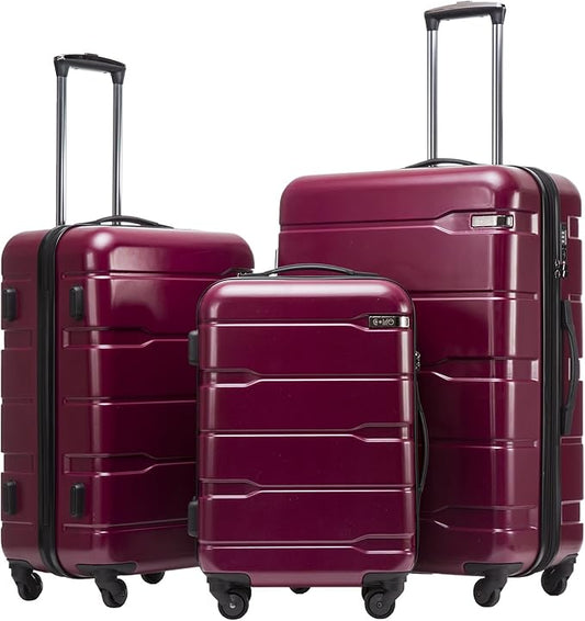 Coolife 3-Piece Luggage Set with Expandable 28-Inch Suitcase, PC+ABS Spinner (20/24/28 Inch, Wine Red)