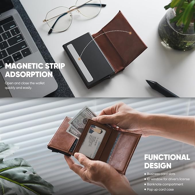 VULKIT Pop up Wallet Minimalist Cash Wallets RFID Blocking Leather Smart Credit Card Holder with Magnetic Closure for Men