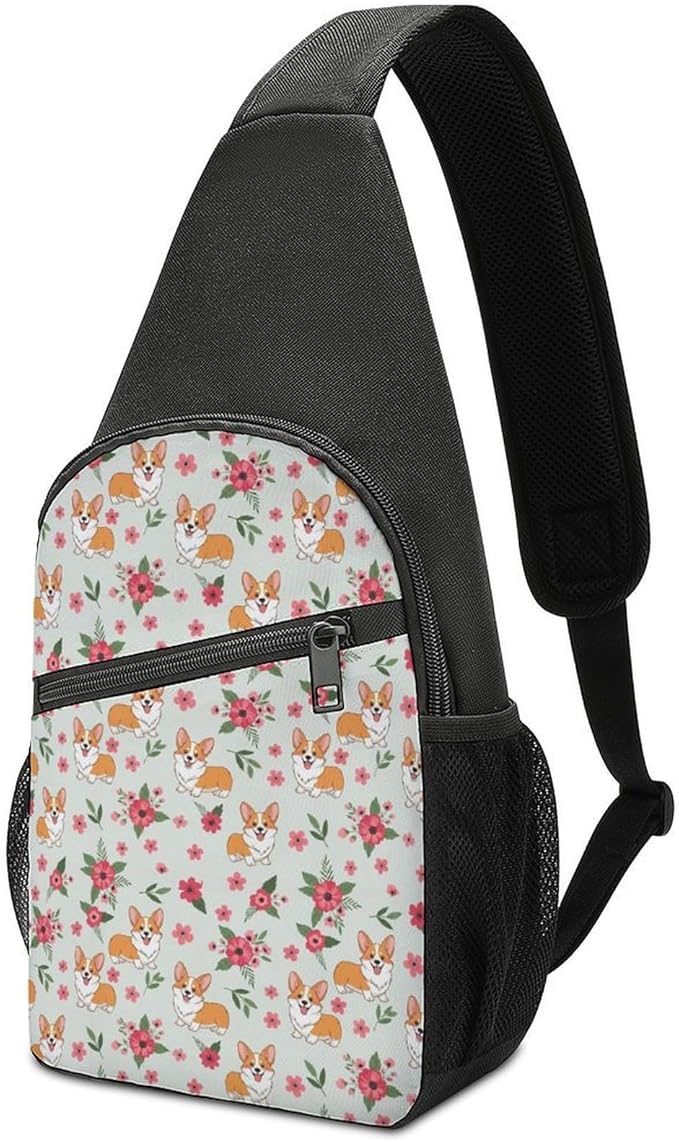 SWEET TANG Sling Bag Crossbody Backpack for Women Men, Breathable Multipurpose Satchel Bag Cute Pink Flowers Floral Corgi, Anti Theft Funny Outdoor Daypack