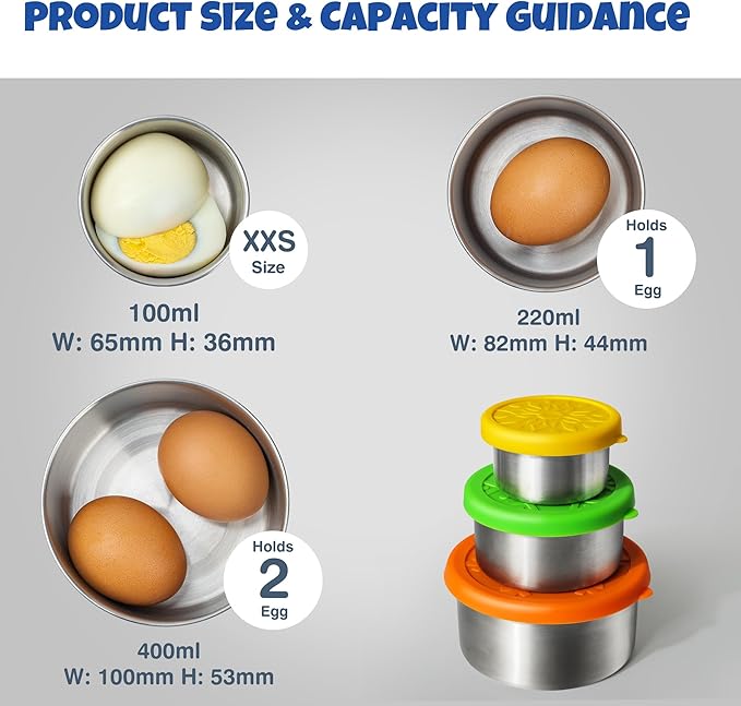 Homotte 304 Stainless Steel Containers with Lids Small for Lunch Food/Snacks, Leak-Proof and Round Stainless Steel Food Storage Containers for Back to School Kids, 3 Pack Stackable (4oz, 8oz, 14oz)