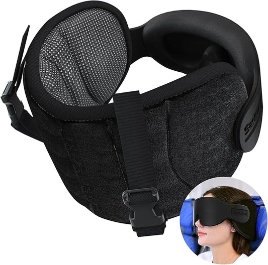 Travel Pillows for Airplanes, Airplane Pillow for Long Flight Car Road Trip, Airplane Head Strap with Sleep Eye Mask, 360° Support Headrest, Stop Bobblehead Travel Neck Pillow, Mottled Black