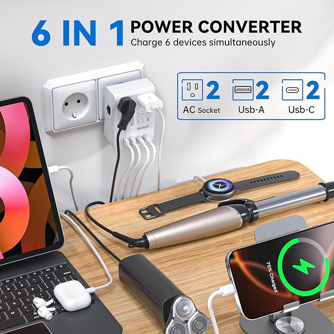 DOACE Voltage Converter US to Europe 350W Convert 220V to 110V for Curling Iron Straightener Shaver, Cordless Converter for European Travel with 2 USB A & 2 USB C Ports Charging