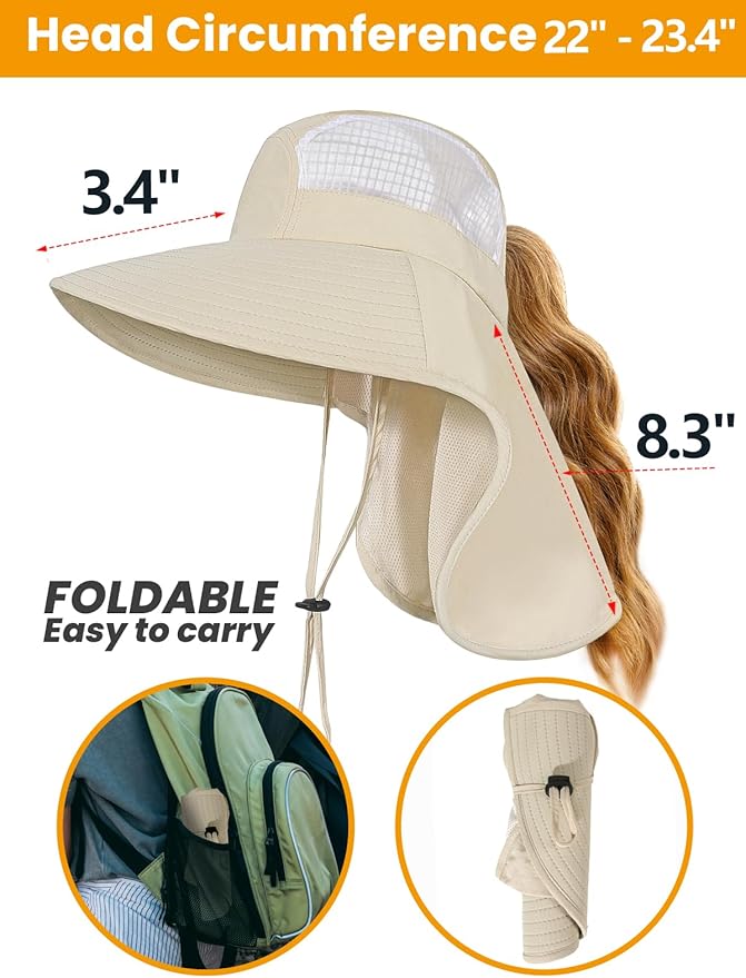 Sun Hats for Women UV Protection with Neck Flap Wide Brim Beach Hats with Ponytail Hole for Hiking Fishing Gardening Travel
