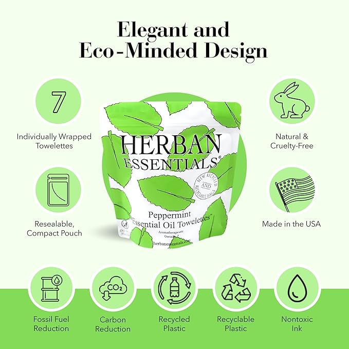 Herban Essentials - Peppermint Wipes & Towelettes - Essential Oil Wipes for Hands & Body - Travel Size Essentials and Toiletries - Natural, Individually Wrapped, Disposable & Moist Refresh (7 count)