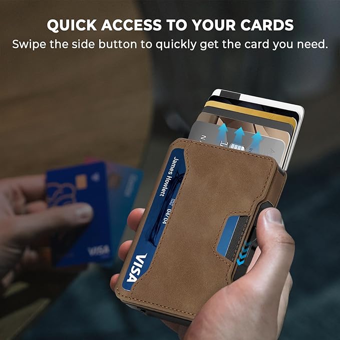 Slim Wallet for Men - Minimalist Mens Wallet with Money Clip, Aluminum Pop Up Card Case and Leather Slots Credit Card Holder RFID Blocking Wallet for Men with Gift Box