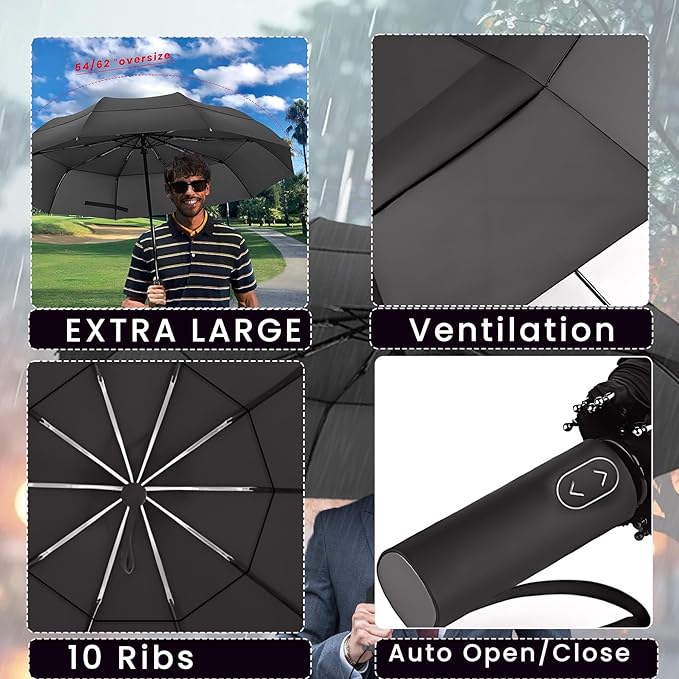 MRTLLOA 49/54/62 Inch Large Folding Golf Umbrella, Oversize Double Canopy Vented 10 Ribs Windproof Compact Travel Umbrellas for Rain