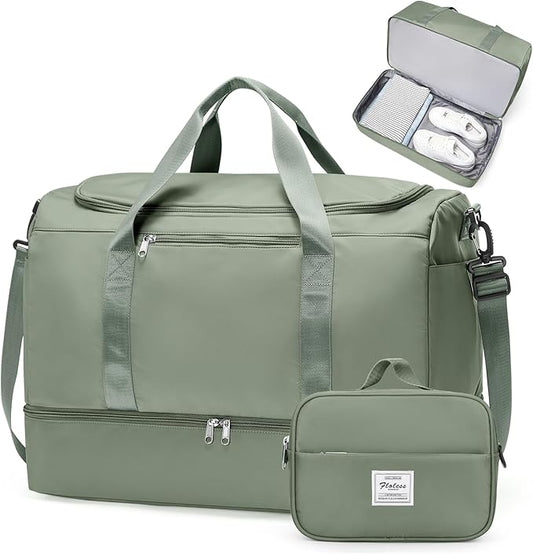 Large Travel Duffle Bag,Carry on Overnight Weekend Bag with Shoes Compartment,Weekender Bags for Women for Travel Business Trips Sport Hospital,2Pcs,Olive Green