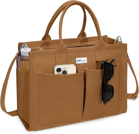 TOPDesign Heavy-Duty Canvas Tote Bag for Women, Adjustable Crossbody/Shoulder Handbag with 9 Pockets, Everything Tote